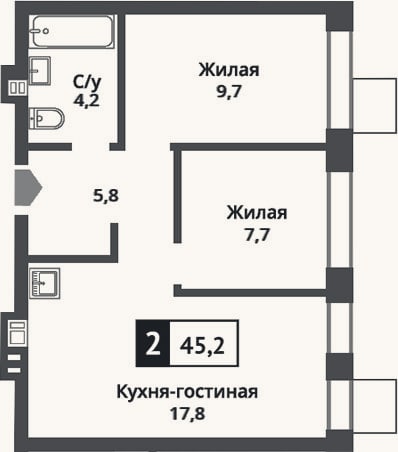Планировка: 3-к, 45,2 м²