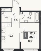 Планировка: 1-к, 35,8 м²