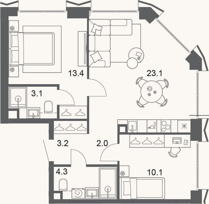 Планировка: 3-к, 60,9 м²