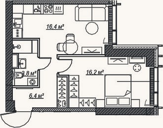 Планировка: 2-к, 42,8 м²