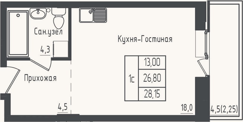 Планировка: Студия, 26,8 м²