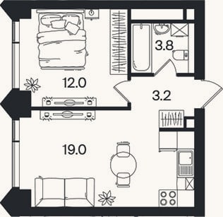 Планировка: 2-к, 38,1 м²