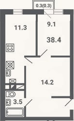 Планировка: 1-к, 38,1 м²