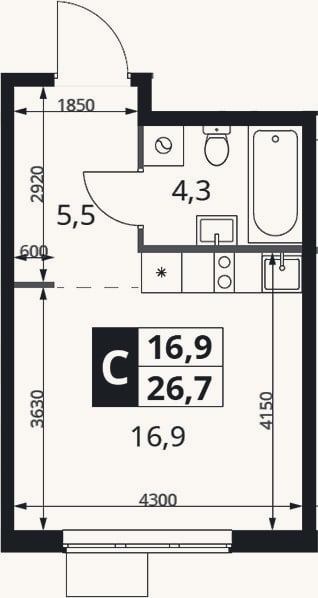Планировка: Студия, 26,7 м²