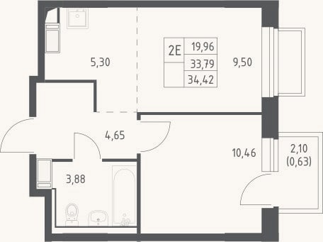 Планировка: 2-к, 33,8 м²