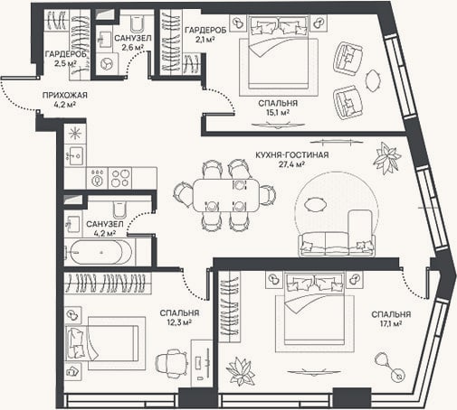 Планировка: 4+ к, 87,5 м²