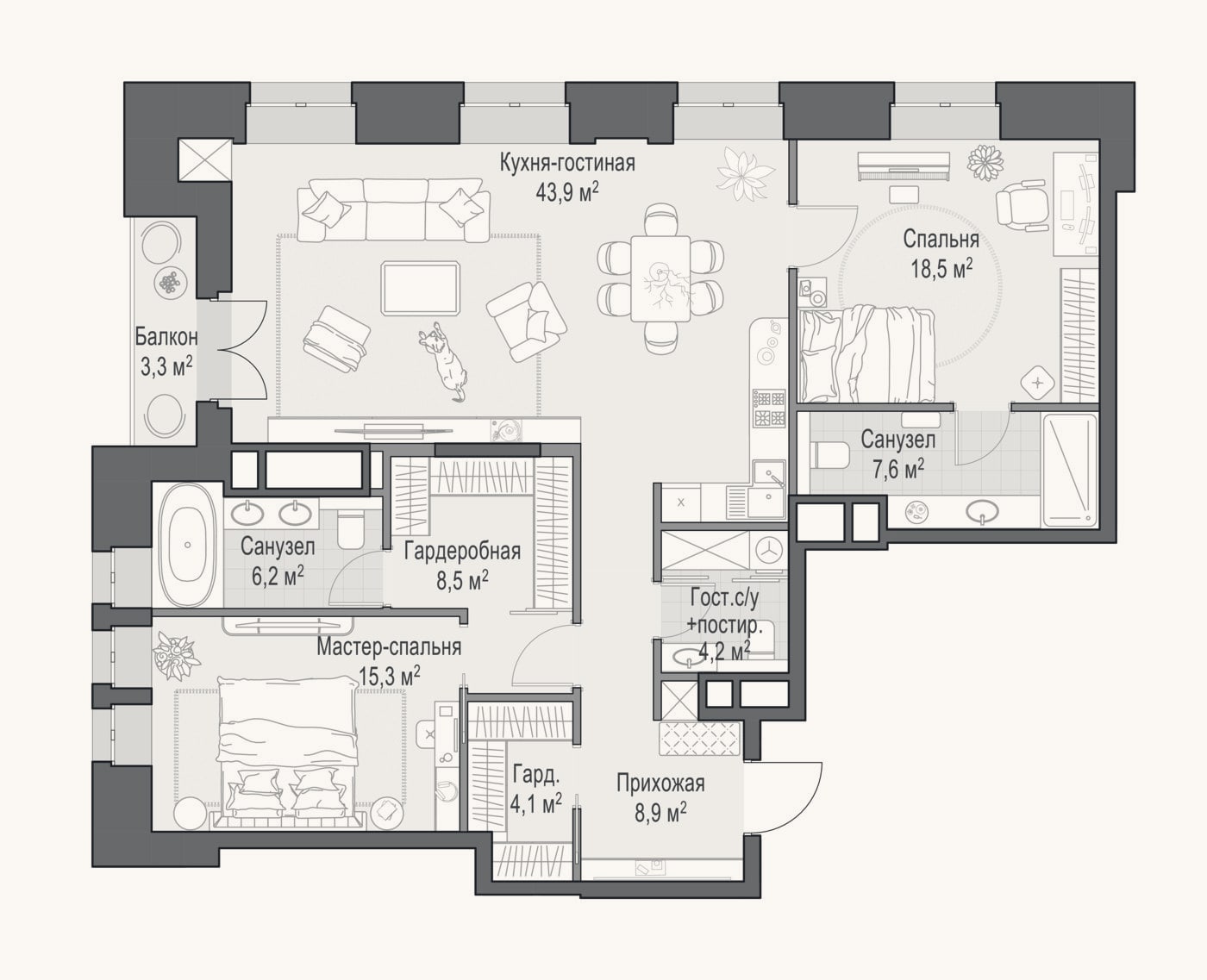 Планировка: 3-к, 118,1 м²