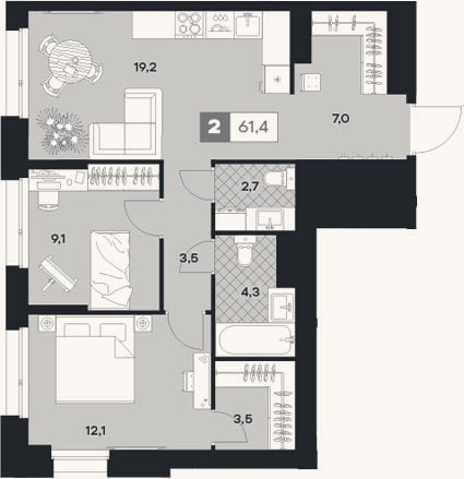 Планировка: 2-к, 61,4 м²