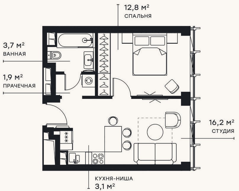 Планировка: 2-к, 37,6 м²