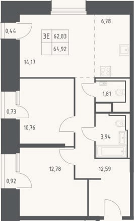 Планировка: 3-к, 62,8 м²