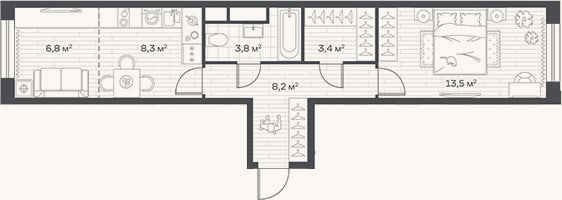 Планировка: 2-к, 44 м²