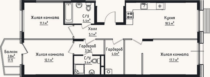 Планировка: 3-к, 80 м²