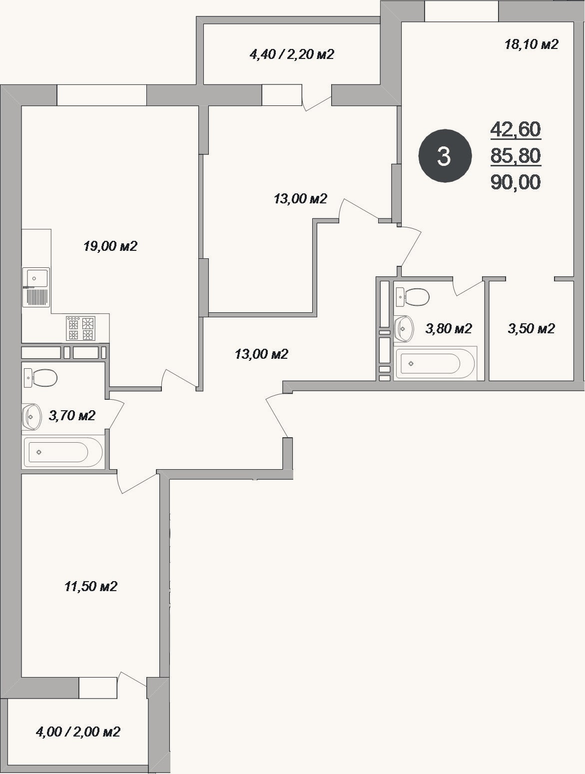 Планировка: 4+ к, 85,8 м²