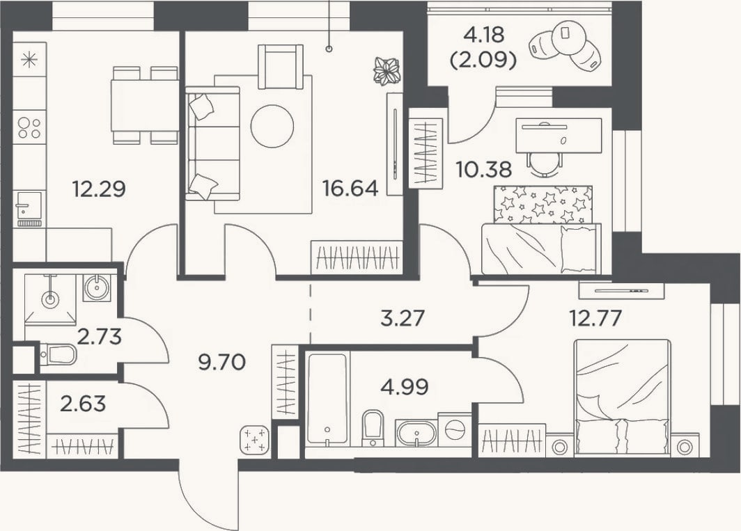 Планировка: 3-к, 75,4 м²