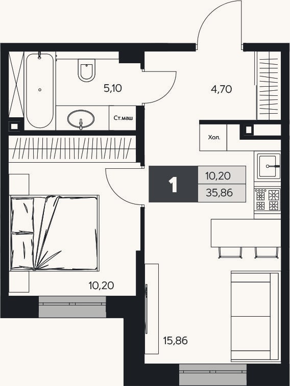 Планировка: 1-к, 35,9 м²
