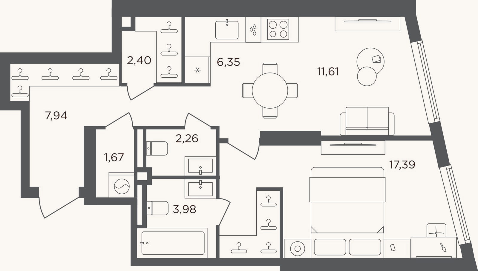 Планировка: 2-к, 53,6 м²