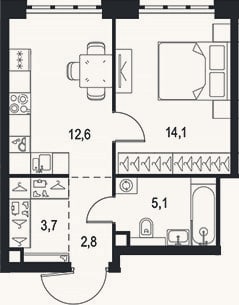 Планировка: 1-к, 38,3 м²