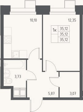Планировка: 1-к, 35,1 м²