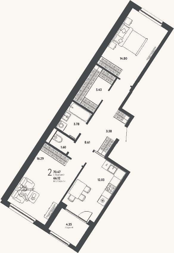 Планировка: 2-к, 66,1 м²