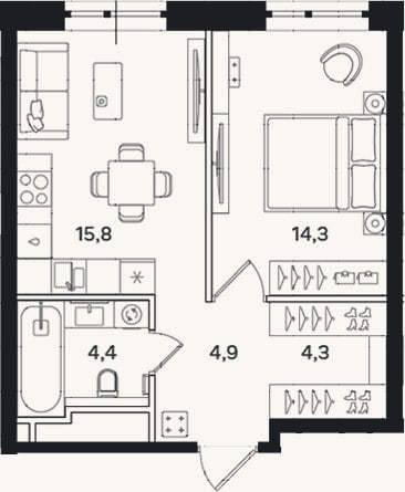 Планировка: 1-к, 43,7 м²