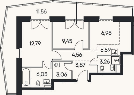 Планировка: 3-к, 57,5 м²