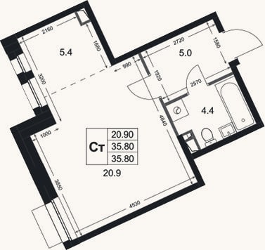 Планировка: Студия, 35,8 м²