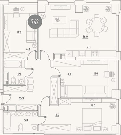 Планировка: 4+ к, 114,3 м²