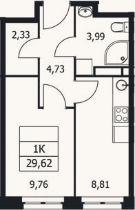 Планировка: 1-к, 29,6 м²