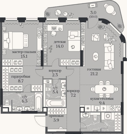 Планировка: 2-к, 100,1 м²