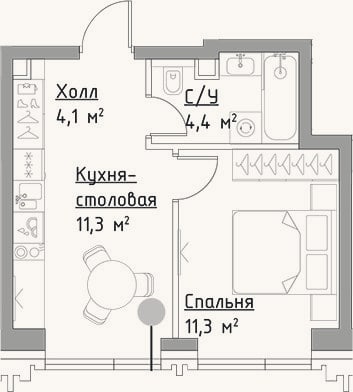 Планировка: 1-к, 31,1 м²