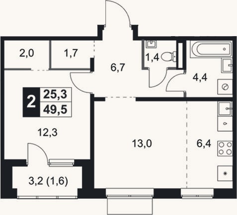 Планировка: 2-к, 47,9 м²