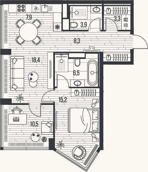 Планировка: 3-к, 74 м²