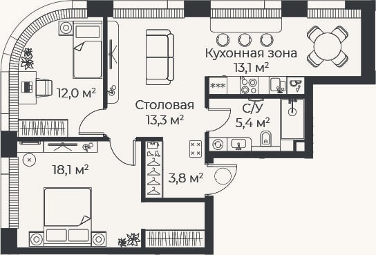 Планировка: 3-к, 65,6 м²