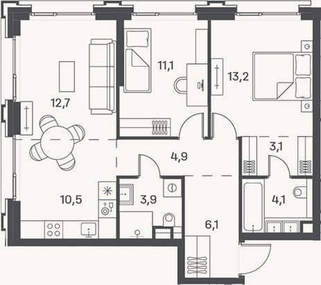 Планировка: 3-к, 69,6 м²