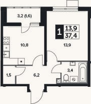 Планировка: 1-к, 35,8 м²