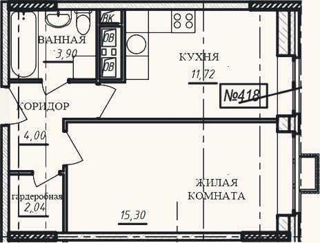 Планировка: 1-к, 37 м²