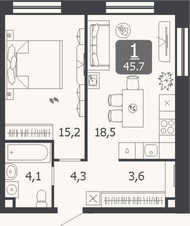 Планировка: 2-к, 45,7 м²