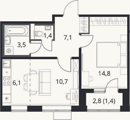 Планировка: 2-к, 43,6 м²