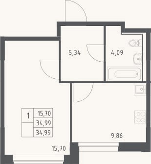 Планировка: 1-к, 35 м²