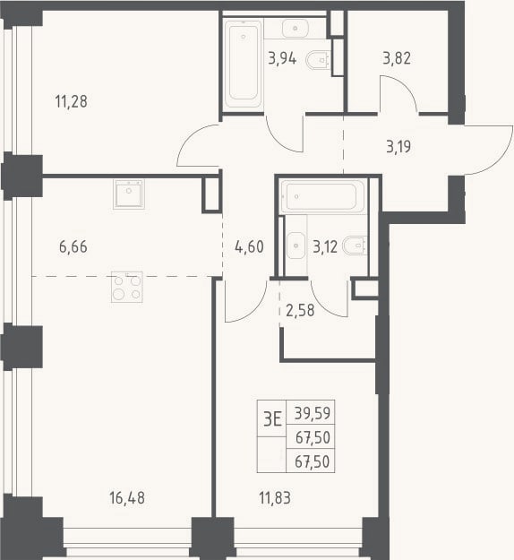 Планировка: 3-к, 67,5 м²