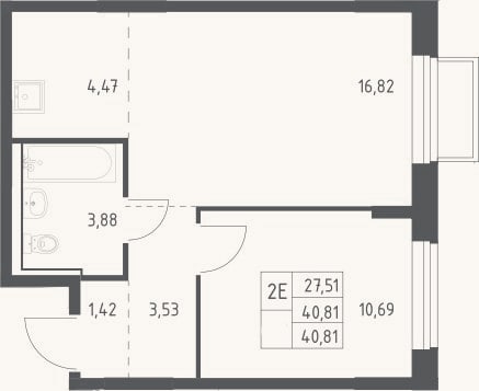 Планировка: 2-к, 40,8 м²