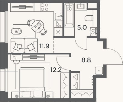 Планировка: 1-к, 37,9 м²