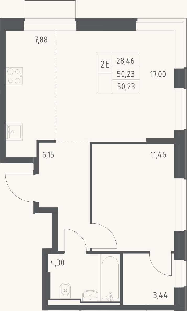 Планировка: 2-к, 50,2 м²