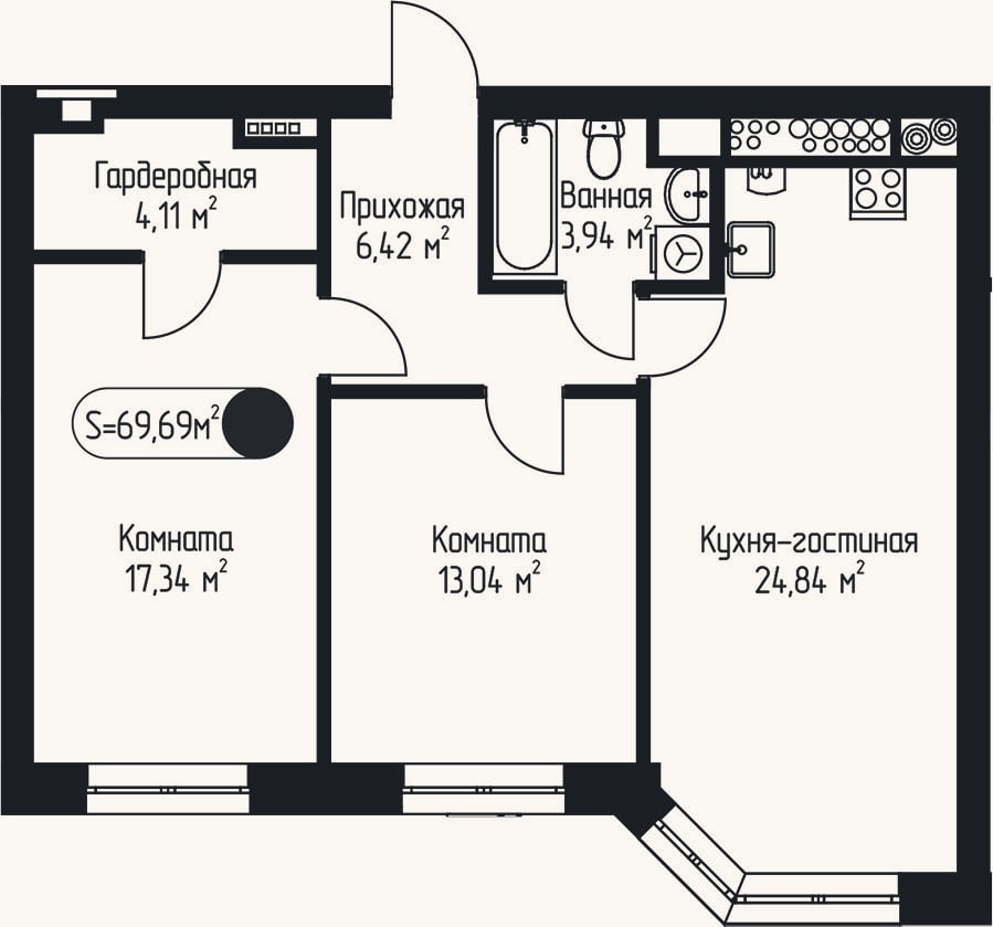 Планировка: 2-к, 69,7 м²