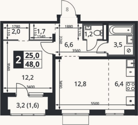 Планировка: 2-к, 47,4 м²