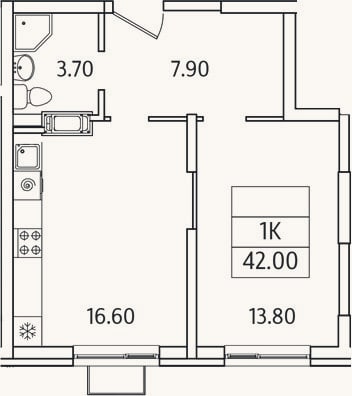 Планировка: 1-к, 42 м²