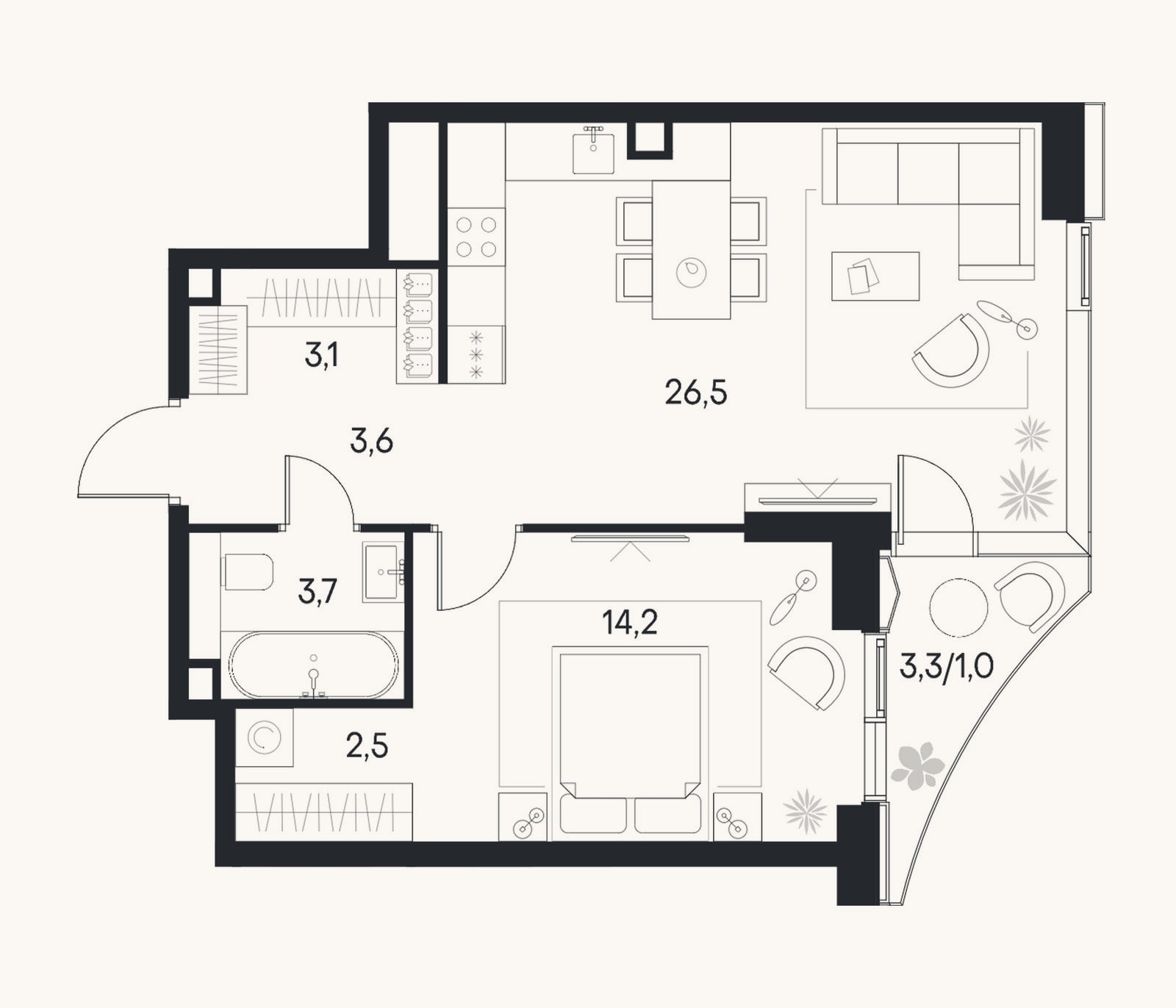 Планировка: 2-к, 53,6 м²
