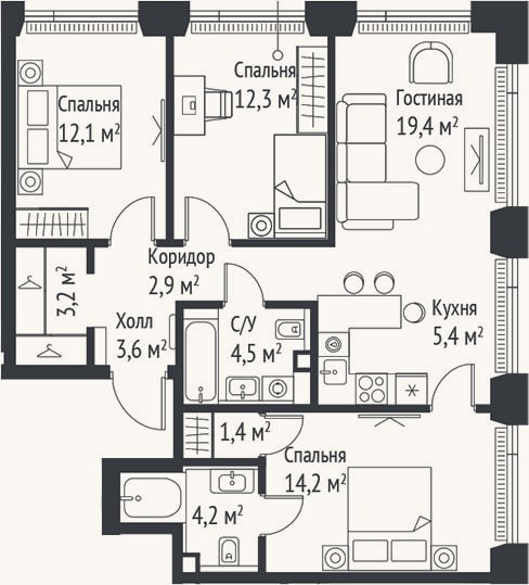 Планировка: 4+ к, 83,1 м²