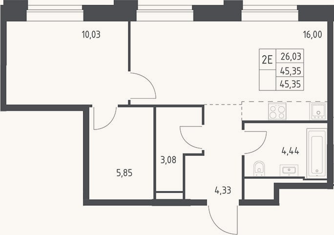 Планировка: 2-к, 45,4 м²