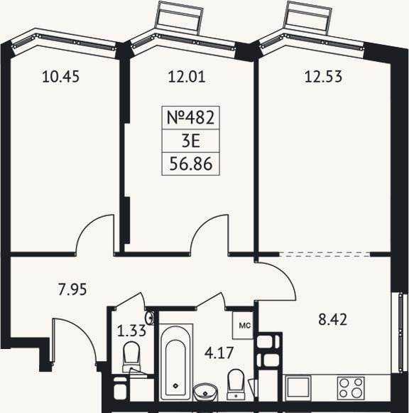 Планировка: 3-к, 56,9 м²